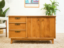 Load image into Gallery viewer, Blonde Pecan Mid-Century Modern Buffet with 3 drawers and Cabinet Storage