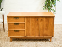 Load image into Gallery viewer, Blonde Pecan Mid-Century Modern Buffet with 3 drawers and Cabinet Storage