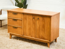 Load image into Gallery viewer, Blonde Pecan Mid-Century Modern Buffet with 3 drawers and Cabinet Storage