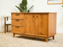 Load image into Gallery viewer, Blonde Pecan Mid-Century Modern Buffet with 3 drawers and Cabinet Storage