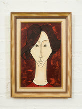 Load image into Gallery viewer, Mid-Century Modern Portrait Painting in Red and Walnut Frame
