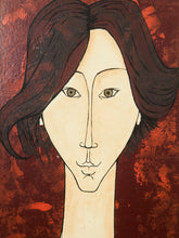 Load image into Gallery viewer, Mid-Century Modern Portrait Painting in Red and Walnut Frame