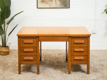 Load image into Gallery viewer, Mid-Century Oak Pedestal Desk with Twin Drawer Pedestals