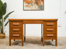 Load image into Gallery viewer, Mid-Century Oak Pedestal Desk with Twin Drawer Pedestals