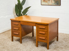 Load image into Gallery viewer, Mid-Century Oak Pedestal Desk with Twin Drawer Pedestals