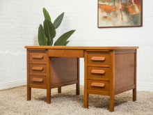 Load image into Gallery viewer, Mid-Century Oak Pedestal Desk with Twin Drawer Pedestals