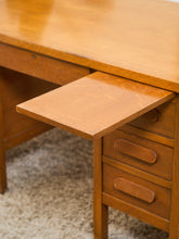 Load image into Gallery viewer, Mid-Century Oak Pedestal Desk with Twin Drawer Pedestals