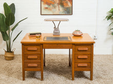 Load image into Gallery viewer, Mid-Century Oak Pedestal Desk with Twin Drawer Pedestals