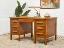 Load image into Gallery viewer, Mid-Century Oak Pedestal Desk with Twin Drawer Pedestals