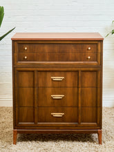Load image into Gallery viewer, Mid-Century Walnut Highboy Dresser with Brass Pulls