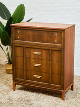 Load image into Gallery viewer, Mid-Century Walnut Highboy Dresser with Brass Pulls