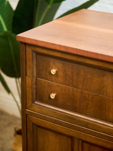 Load image into Gallery viewer, Mid-Century Walnut Highboy Dresser with Brass Pulls