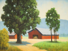Load image into Gallery viewer, Crimson Barns Under Blue Skies Oil Painting