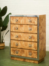 Load image into Gallery viewer, 1970’s Mod Atomic Faux Burlwood Highboy Dresser