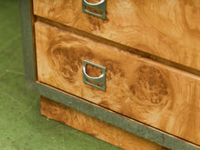 Load image into Gallery viewer, 1970’s Mod Atomic Faux Burlwood Highboy Dresser