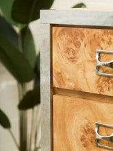 Load image into Gallery viewer, 1970’s Mod Atomic Faux Burlwood Highboy Dresser