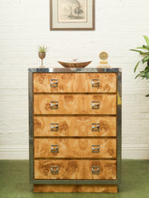 Load image into Gallery viewer, 1970’s Mod Atomic Faux Burlwood Highboy Dresser