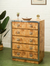 Load image into Gallery viewer, 1970’s Mod Atomic Faux Burlwood Highboy Dresser