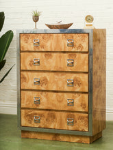 Load image into Gallery viewer, 1970’s Mod Atomic Faux Burlwood Highboy Dresser