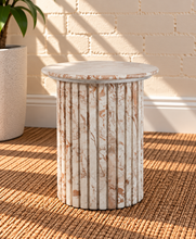 Load image into Gallery viewer, Sarina Breccia marble side table in Almond Rose with fluted marble base and cream and brown natural veining.