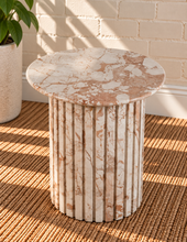 Load image into Gallery viewer, Sarina Breccia marble side table in Almond Rose with fluted marble base and cream and brown natural veining.