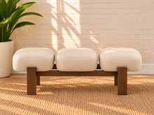 Load image into Gallery viewer, Image 1 of 4: Scout 3-Seater Walnut Bench in Almond Ivory vegan leather with rounded seats and solid wood frame