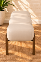 Load image into Gallery viewer, Image 3 of 4: Scout 3-Seater Walnut Bench in Almond Ivory vegan leather with rounded seats and solid wood frame