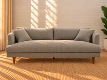 Load image into Gallery viewer, Image 1 of 5: Shelby upholstered sofa in Mushroom Taupe boucle fabric with deep lounge seating, loose cushions, and tapered Rubberwood legs