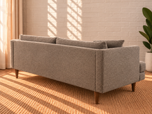 Load image into Gallery viewer, Image 4 of 5: Shelby upholstered sofa in Mushroom Taupe boucle fabric with deep lounge seating, loose cushions, and tapered Rubberwood legs