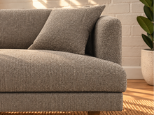 Load image into Gallery viewer, Image 5 of 5: Shelby upholstered sofa in Mushroom Taupe boucle fabric with deep lounge seating, loose cushions, and tapered Rubberwood legs