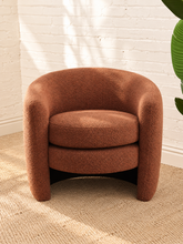 Load image into Gallery viewer, Sienna lounge chair in burnt sienna bouclé with curved barrel back, rounded arms, and removable seat cushion