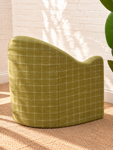 Load image into Gallery viewer, Solana olive green lounge chair with windowpane check upholstery, curved back, shelter arms, and matching accent pillow