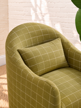 Load image into Gallery viewer, Solana olive green lounge chair with windowpane check upholstery, curved back, shelter arms, and matching accent pillow