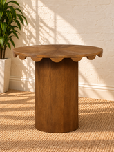 Load image into Gallery viewer, Solenn counter height table in Warm Walnut oak veneer with round tabletop, scalloped edge detail, and cylindrical pedestal.