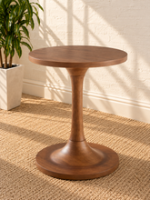 Load image into Gallery viewer, Soren warm chestnut solid mango wood side table with round top and tapered pedestal base