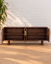 Load image into Gallery viewer, Stefan natural brown mango wood credenza with fluted cabinet doors, round cork handles, four-door storage, and wood legs.
