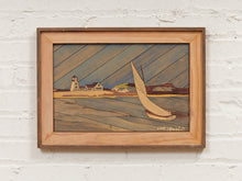 Load image into Gallery viewer, Harbor Inlay Framed Coastal Marquetry Artwork with Sailboat and Lighthouse