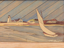 Load image into Gallery viewer, Harbor Inlay Framed Coastal Marquetry Artwork with Sailboat and Lighthouse