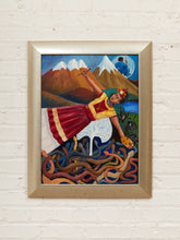 Load image into Gallery viewer, Frida in the Mountains Framed Surreal Folk Art Painting with Andean Landscape