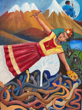 Load image into Gallery viewer, Frida in the Mountains Framed Surreal Folk Art Painting with Andean Landscape
