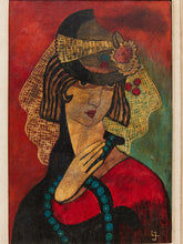 Load image into Gallery viewer, Veiled Muse Framed Figurative Portrait Painting with Red and Teal Accents