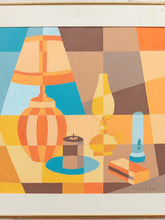 Load image into Gallery viewer, Mod Century Lamp Still Life Framed Geometric Interior litho in Warm Tones