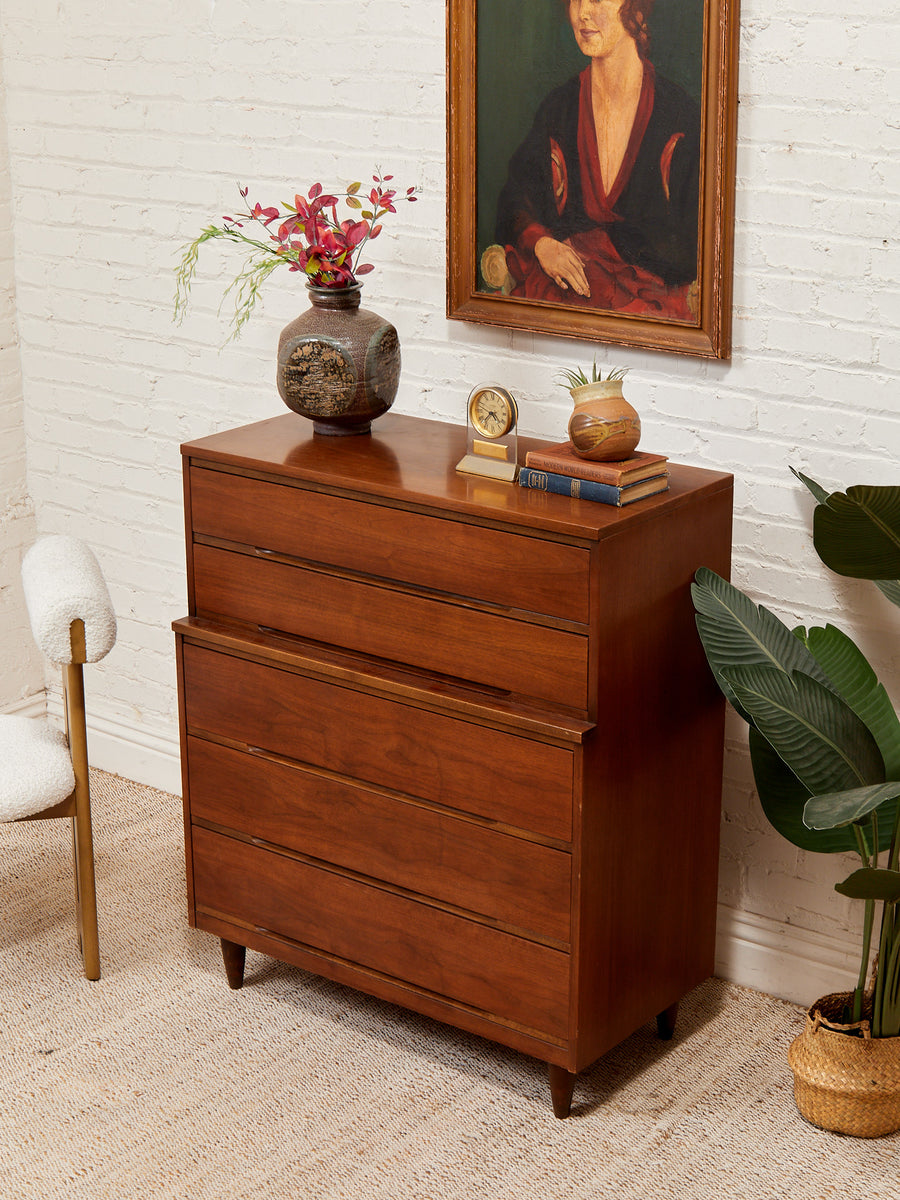 vintage brown dresser Five Drawer Mid Century Highboy Sleek Men The flat top is Stacees 2026 Boho Bridal Sleeve:Straight