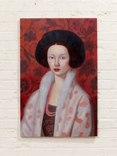 Load image into Gallery viewer, Portrait in Burgundy Framed Vintage Female Portrait Painting with Green Background