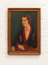 Load image into Gallery viewer, Portrait in Burgundy Framed Vintage Female Portrait Painting with Green Background