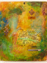 Load image into Gallery viewer, Paris Collage Mixed Media Artwork with Eiffel Tower Map and Fleur-de-Lis Motifs