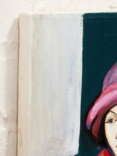 Load image into Gallery viewer, Cafe in Crimson Figurative Portrait Painting with Hat and Coffee Cup