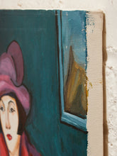 Load image into Gallery viewer, Cafe in Crimson Figurative Portrait Painting with Hat and Coffee Cup