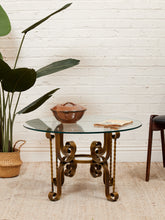 Load image into Gallery viewer, Hollywood Regency Glass Side Table with Brass Scroll Iron Base