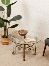 Load image into Gallery viewer, Hollywood Regency Glass Side Table with Brass Scroll Iron Base